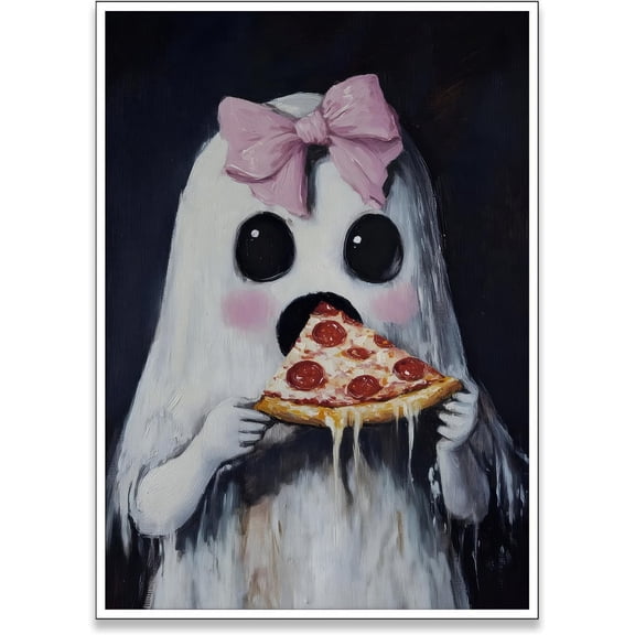 AVOI Ghost Wall Art Cute Ghost with Pink Bow Eating Pizza Prints Gothic Spooky Halloween Posters Girly Bedroom Dorm Wall Decor Pictures (pink) Unframe: 12x16in