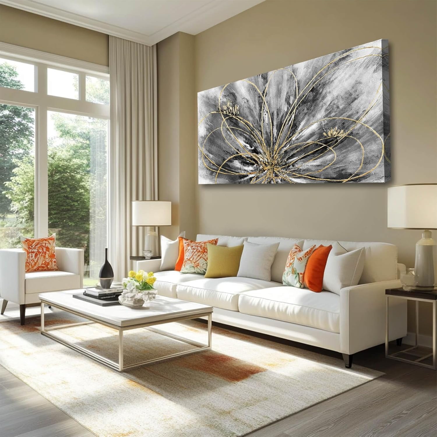 AVOI Gold and Grey Wall Art Flower Posters Large Neutral Artwork 29"x58 ...