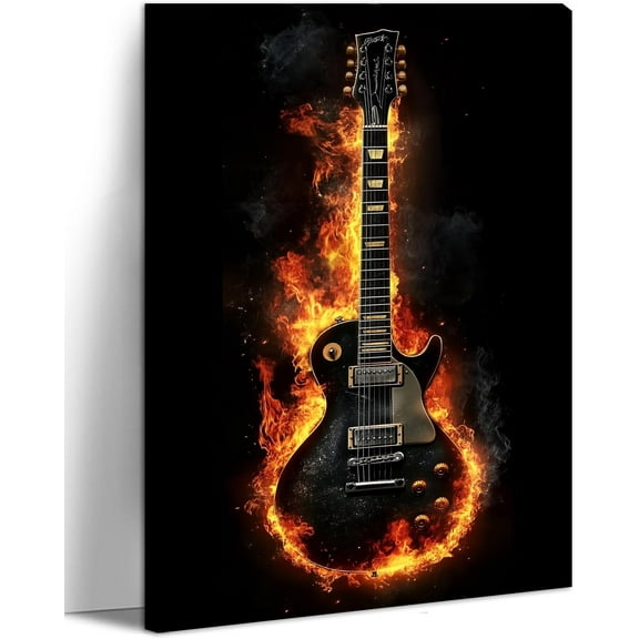 AVOI Guitar Canvas Wall Art Music Wall Decor Fire Burning Guitar Picture Modern Musical Instruments Painting Prints for Living Room Bedroom Home Office Unframe: 12x16in