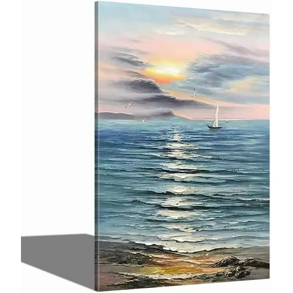 AVOI Hand Painted Beach Texture Oil Paintings Ocean Waves Nature Seaview Pictures Stretched Canvasen for living Room Bedroom Home Office Wall Decor Frame: 12x18in