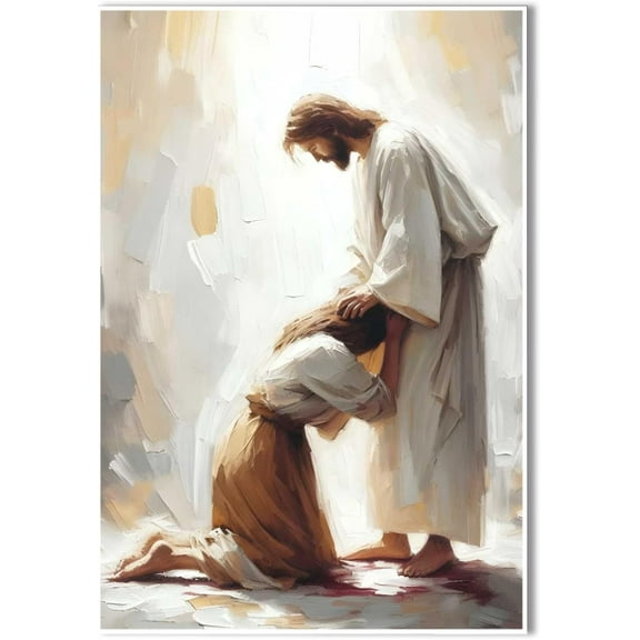 AVOI Healing Touch Christian Painting - Jesus and Girl Wall Art - Mormon Digital Bible Canvas Poster - Jesus Healing Bleeding Woman Unframe: 8x10in