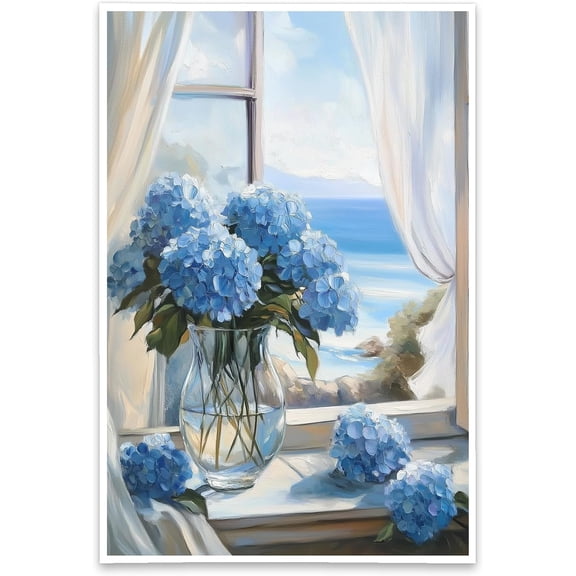 AVOI Hydrangea Wall Art Bule Bathroom Decor Hydrangea Flower Picture Modern Floral Canvas Paintings Rustic Farmhouse Poster for Living Room (White) Unframe: 8x10in