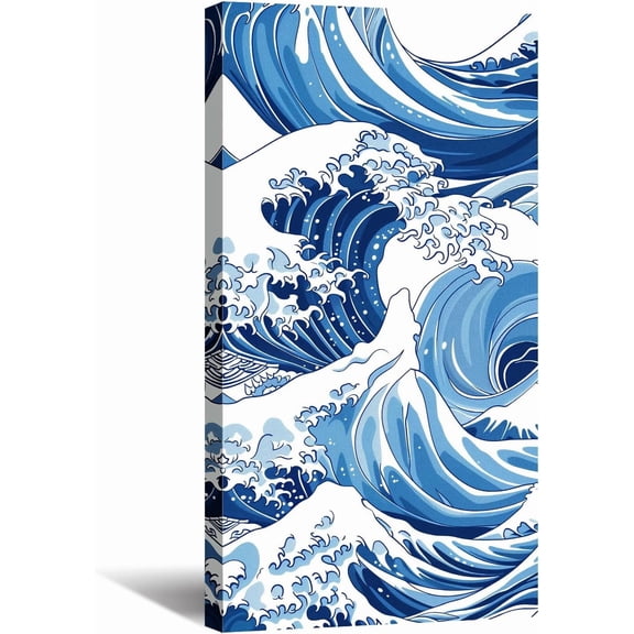 AVOI Japanese Sea Wave Canvas Wall Art Blue and White Waves Picture Ocean Painting Seascape Prints Vertical Artwork for Living Room Bathroom Home Office Decor Unframe: 8x10in