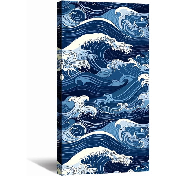 AVOI Japanese Sea Wave Canvas Wall Art Blue and White Waves Picture Ocean Painting Seascape Prints Vertical Artwork for Living Room Bathroom Home Office Wall Decor Unframe: 8x10in
