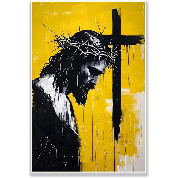 AVOI Jesus Canvas Wall Art Black Silhouette of Jesus with Crown of Thorns Art Cross Poster Redemption God Series For Room Religious Churches Wall Decor Unframe: 16x24in