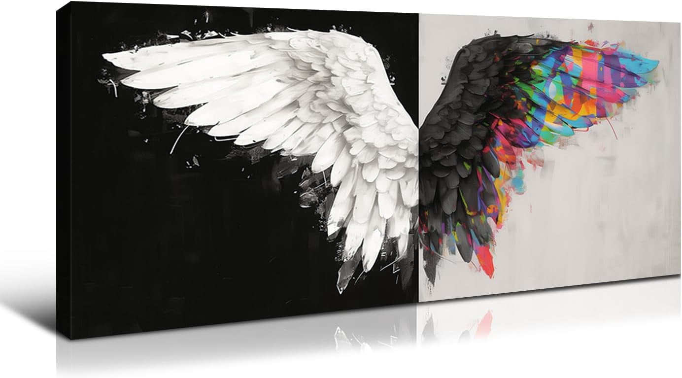 AVOI Large Black and White Canvas Wall Art, Colorful Angel Wings Wall ...