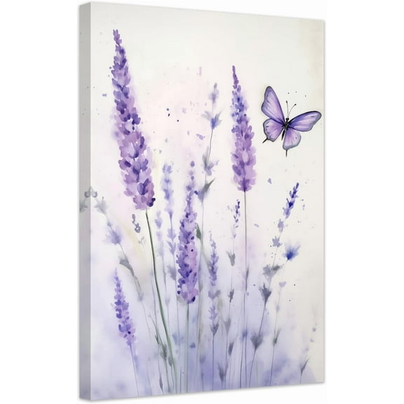 AVOI Lavender Wall Art Purple Flowers Pictures Canvas Butterfly Floral Artwork Prints Watercolor Girls Room Bathroom Kitchen Home Decor (D) Frame: 12x16in
