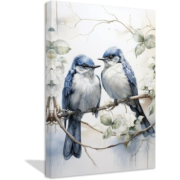 AVOI Love Birds Canvas Wall Art Two Blue Gray Couple Birds on Branch Painting Prints Modern Romantic Pictures Home Decor for Bedroom(2,) Unframe: 16x24in