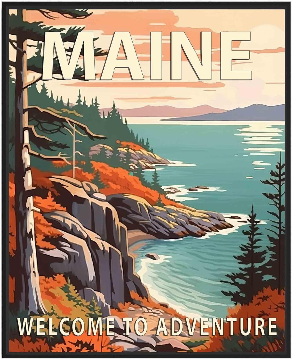 AVOI Maine Poster Art Print, Retro States Landscape Wall art Decor