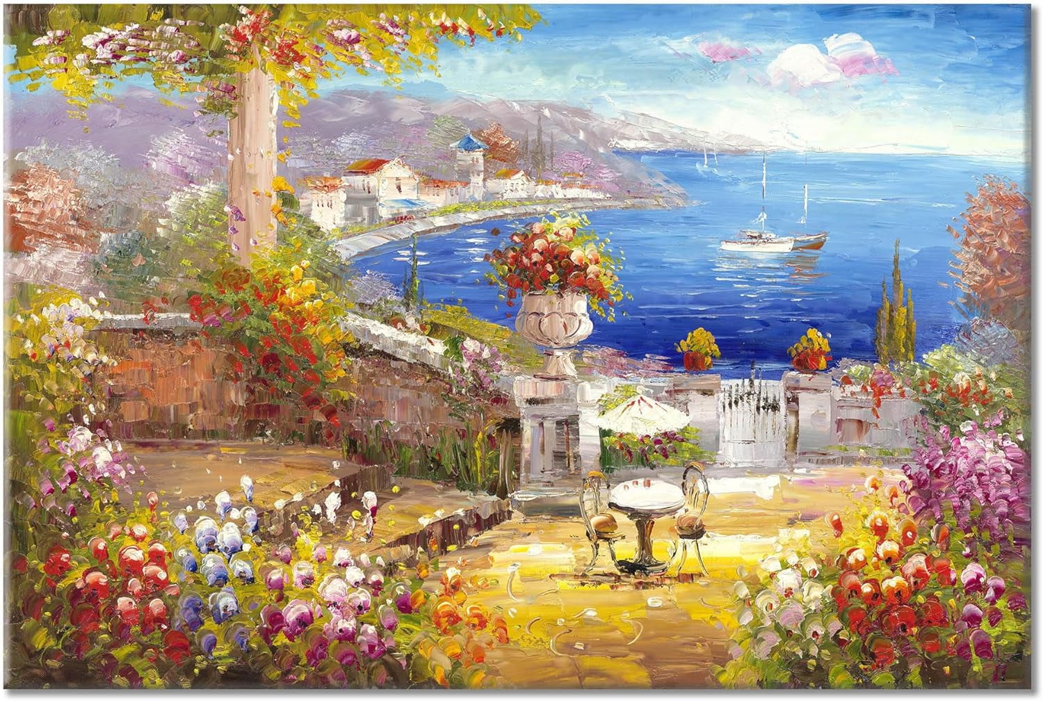 Italy Canvas Wall Art - 36x24 Inch Mediterranean Seaside Oil Painting Print, Ready To Hang, For Bedroom, Living Room Decor