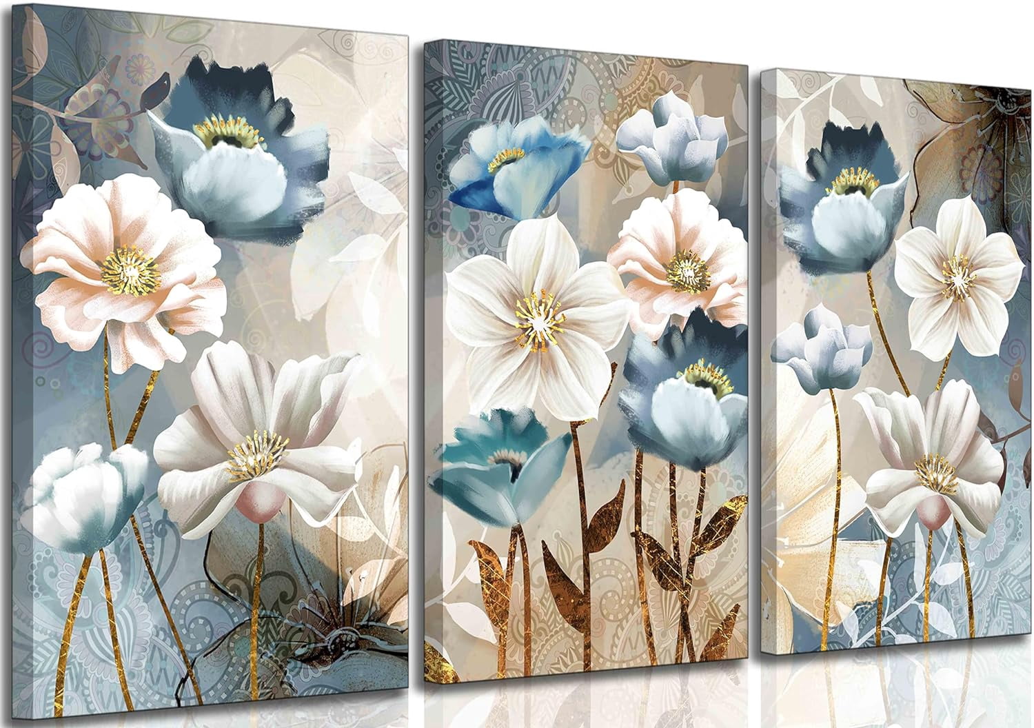 AVOI Modern Luxury Lotus Flower Canvas Wall Art White and Blue Floral ...