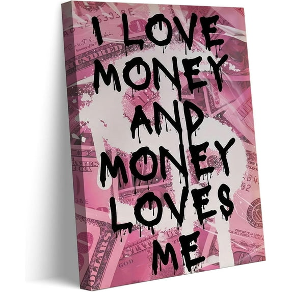 AVOI Money Quote Canvas Wall Art Pink Funky Preppy Money Motivational Wall Decor Picture I Love Money And Money Love Me Poster Print for Bedroom, Office Room Home Decor Unframe: 20x24in