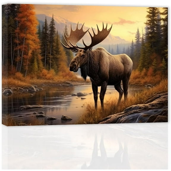AVOI Moose Wall Art Wildlife Canvas Pictures Rustic Forest Wilderness Animal Painting Elmer Moose Artwork for Home Cabin Wall Decor (B) Frame: 24x16in