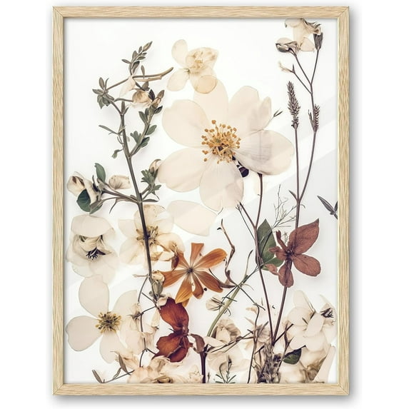 AVOI Natural OAK Wood Framed Jasmine Flowers Dried Wildflowers Wall Art, Large 16x20 in Warm Colors Artwork Canvas Botanical Wall Art, Modern Boho Home Decor Set of 1 For Bedroom Living Room
