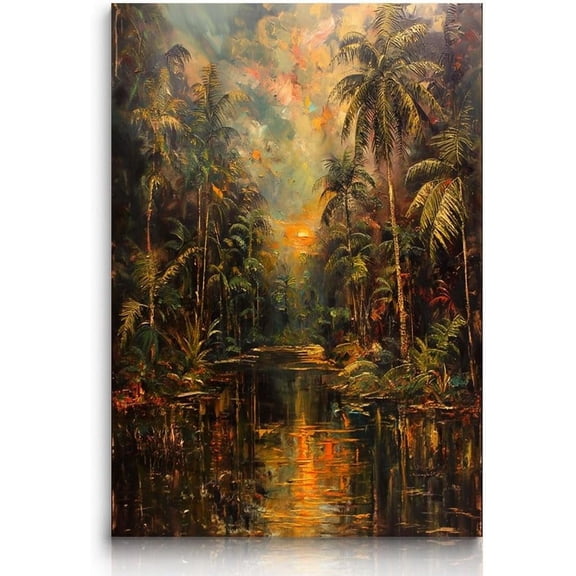 AVOI Oil Painting On Canvas Abstract Forest Picture Landscape Artwork Sunset Sunrise Modern Landscape Painting Calming Print Poster for Bedroom Office Orange Green Unframe: 12x12in