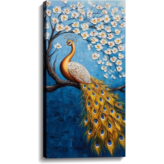 AVOI Peacock Canvas Wall Art Abstract Blue Poster White and Yellow Flower Picture Gold Feather Bird on Branch Painted Animal Vintage Artwork for Home Decor(Picture-4) Unframe: 8x10in