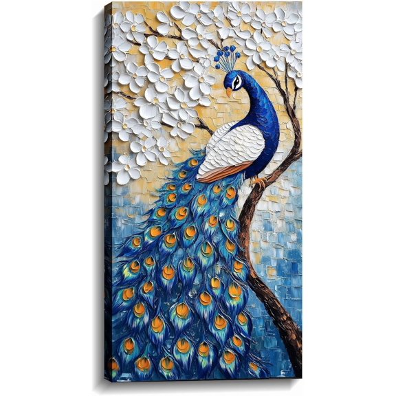 AVOI Peacock Canvas Wall Art Abstract White Flower Picture Bird on Branch Painted Blue Animal Prints for Living Room Bedroom Office Home Decor(Picture-2) Unframe: 20x24in