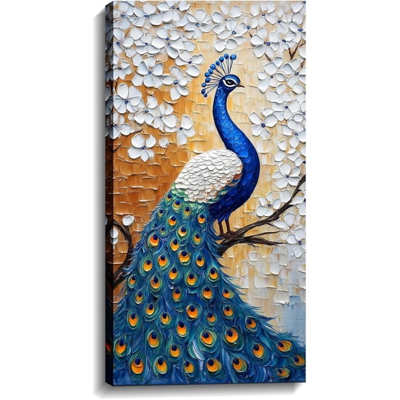 AVOI Peacock Canvas Wall Art Abstract White Flower Picture Blue Feather Bird on Branch Painted Animal Vintage Artwork for Bathroom Bedroom Living Room Home Decor(Picture-5) Unframe: 8x10in
