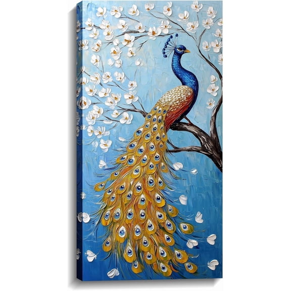 AVOI Peacock Canvas Wall Art Abstract White Flower Picture Blue Poster Bird on Branch Painted Gold Feather Animal Vintage Artwork for Home Decor(Picture-3) Unframe: 12x18in