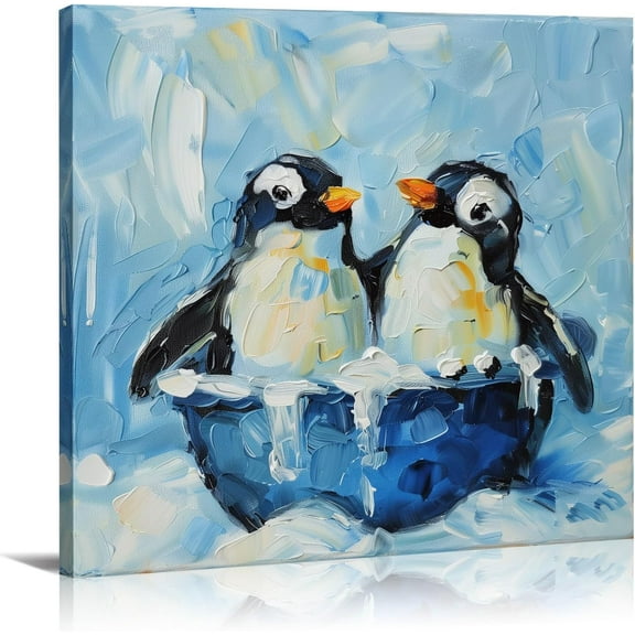 AVOI Penguin Bathroom Wall Decor Canvas Art Funny Penguin in Bathtub Picture Animal Painting Blue Posters for Nursery Toilet Restroom Unframe: 16x24in