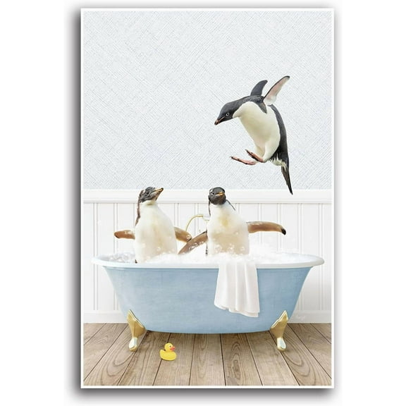 AVOI Penguin in Retro Bathtub Cottage Blue Bathtub Style Penguin in Bathtub Bathroom Wall Art Wall Bathroom Picture Modern Home Decor Canvas Wall Art Poster Unframe: 12x16in