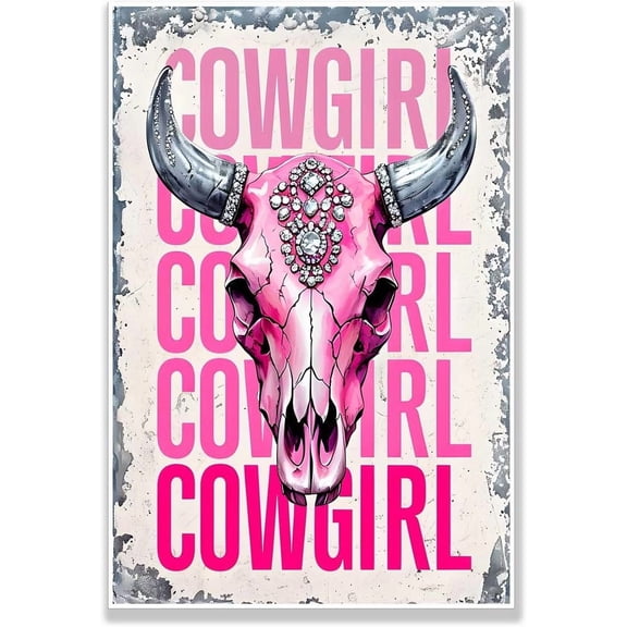 AVOI Pink Cow Skull With COWGIRL Art Poster Wall Art Painting Western Aesthetic Canvas Prints Living room bedroom dormitory Wall Art Decor Frame: 12x16in