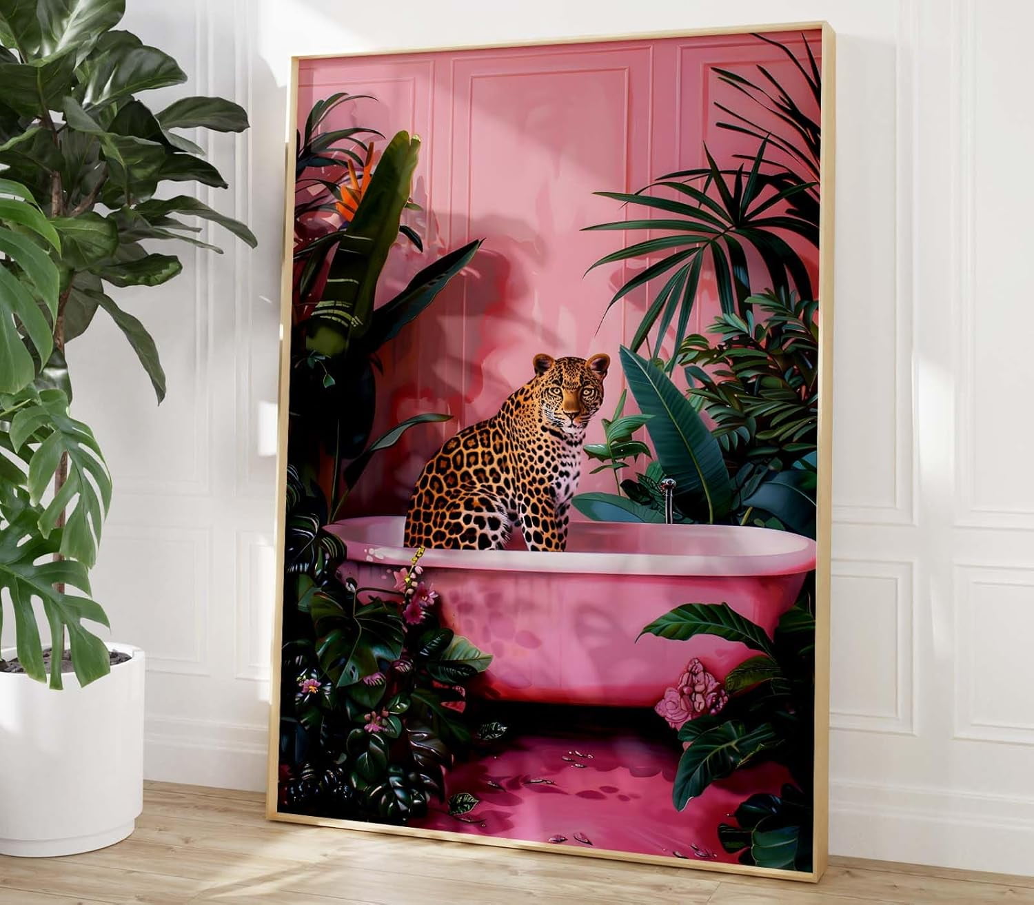 AVOI Pink Leopard Canvas Wall Art Leopard Bathtub Wall Art Tropical ...