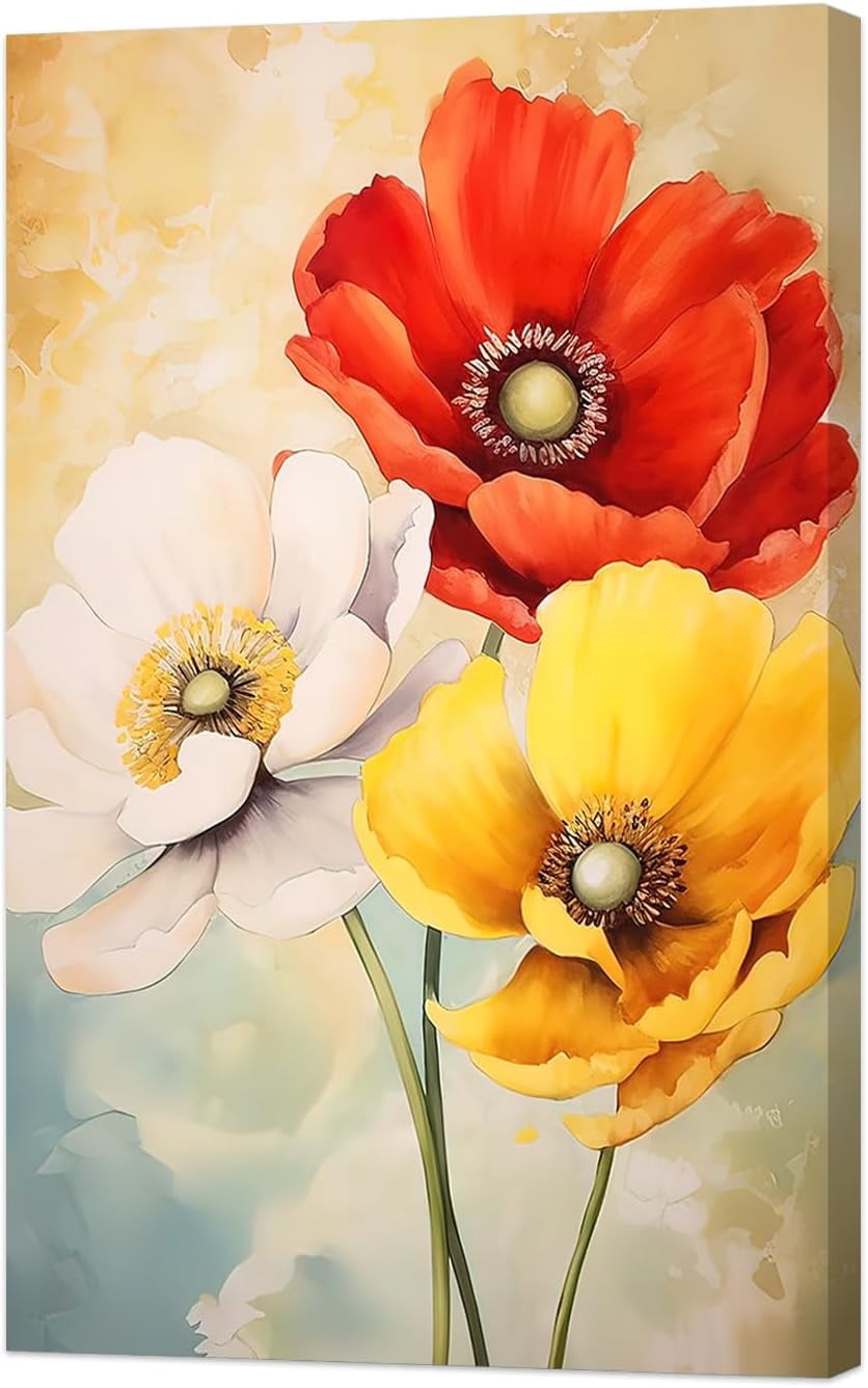AVOI Poppies Wall Art White Yellow Red Poppy Art Print Vintage Flowers ...