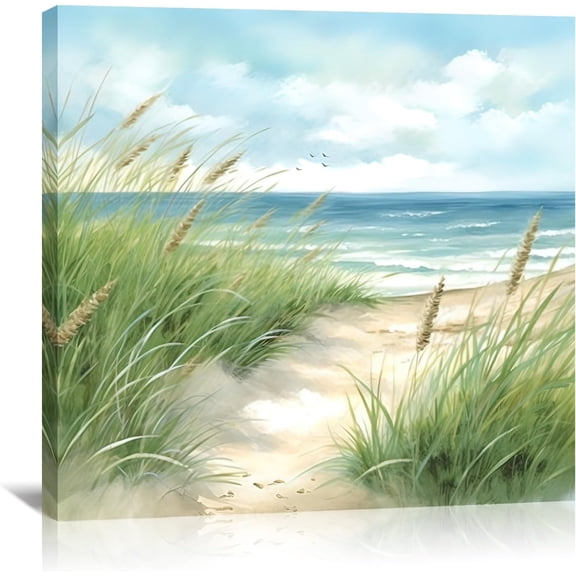 AVOI Seascape Canvas Wall Art Beach Path with Green Grass Picture Print Modern Coastal Landscape Painting Artwork for Bathroom Bedroom Living Room Home Decor(Beach-3) Frame: 8x10in