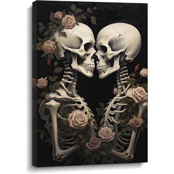 AVOI Skull Wall Art Couples Skeleton Picture Canvas Print Pink Flowers Poster Gothic Painting Artwork for Living Room Office Bedroom Bathroom Home(Art-4) Frame: 16x20in
