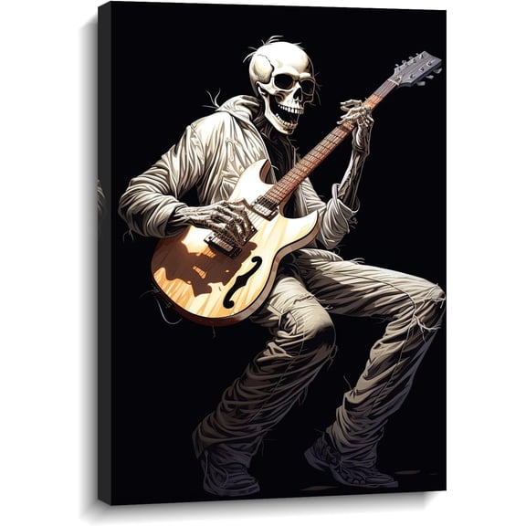 AVOI Skull Wall Art Funny Skeleton Play Guitar Picture Canvas Print Black Poster Gothic Painting Artwork for Living Room Office Bedroom Bathroom Home(Art-2) Frame: 16x20in