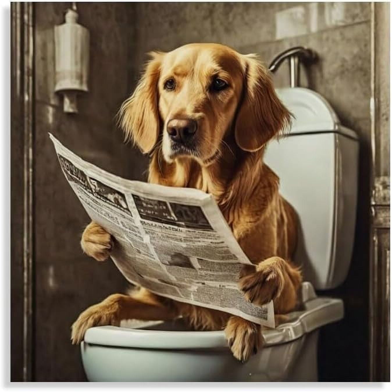 Set Of 4 Funny Golden Retriever Bathroom Wall Art Prints – 8x8 Inch Framed Canvas Dog Decor For Bathroom Or Washroom