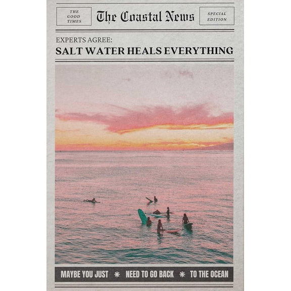 AVOI Summer Beachy Wall Art Grainy Salt Water Heals Everything Newspaper Poster For Surfing Enthusiasts Room Decor-Ocean Surf Canvas Print Picture For Beach House Girly Decor Unframe: 8x10in