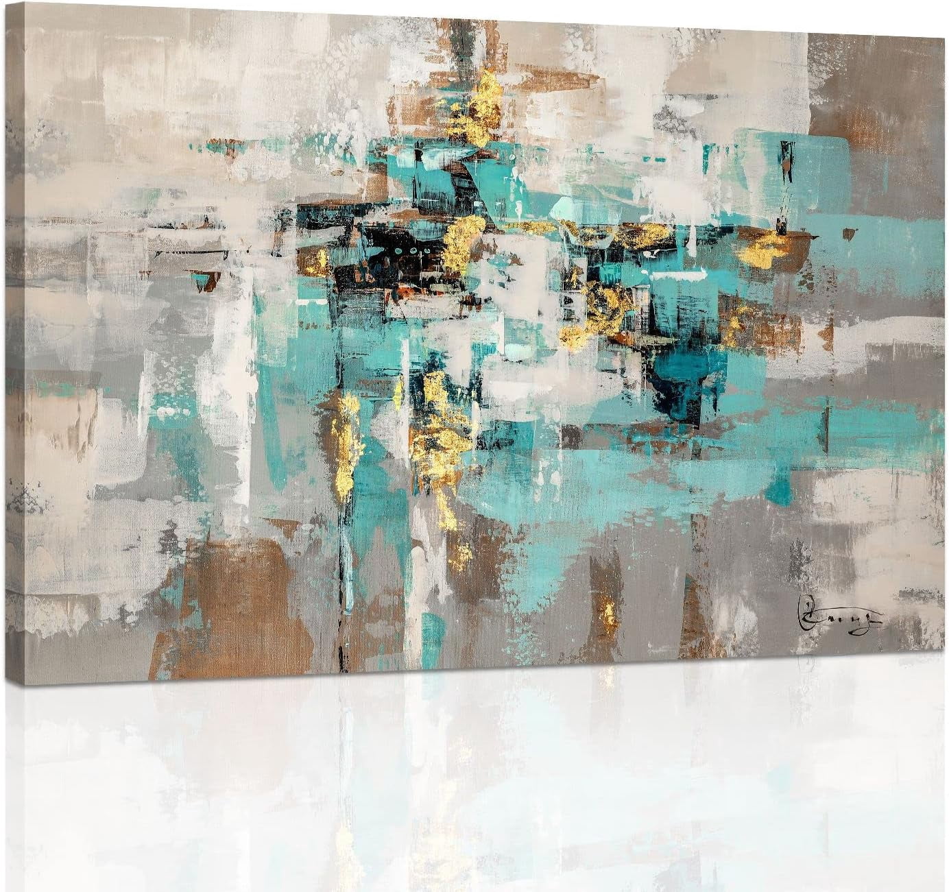 AVOI Teal Grey Canvas Wall Art Blue Gray Abstract Picture for Living