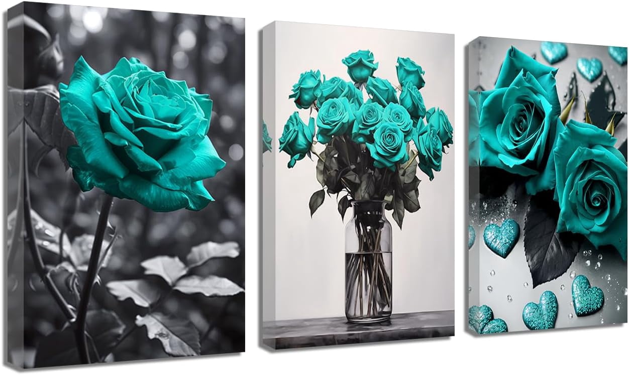AVOI Teal Rose Canvas Wall Art Romantic Rose Flower Pictures Prints ...