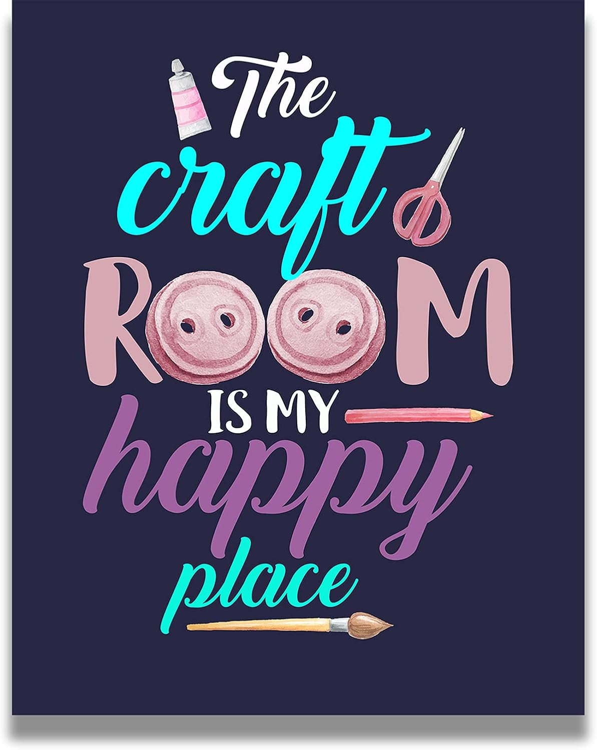 "The Craft Room Is My Happy Place" Wall Art Print - Dark Blue Background, Unframed 8x10