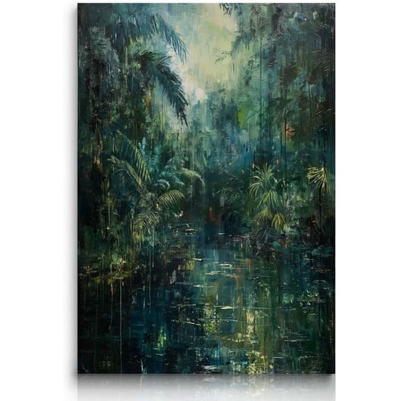 AVOI Vintage Abstract Landscape Oil Painting Farmhouse Aesthetic Wall Decor Modern Landscape Picture Texture Pool Rustic Impressionism Wall Art Dark Green Unframe: 12x12in