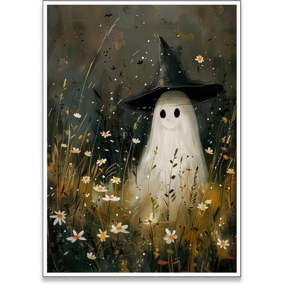 AVOI Vintage Cute Ghost Wall Art Prints Funny Ghost with Witch Hat Poster Wildflower Field Halloween Spooky Gothic Dark Academia Wall Decor Pictures (Cute Ghost) Unframe: 12x12in