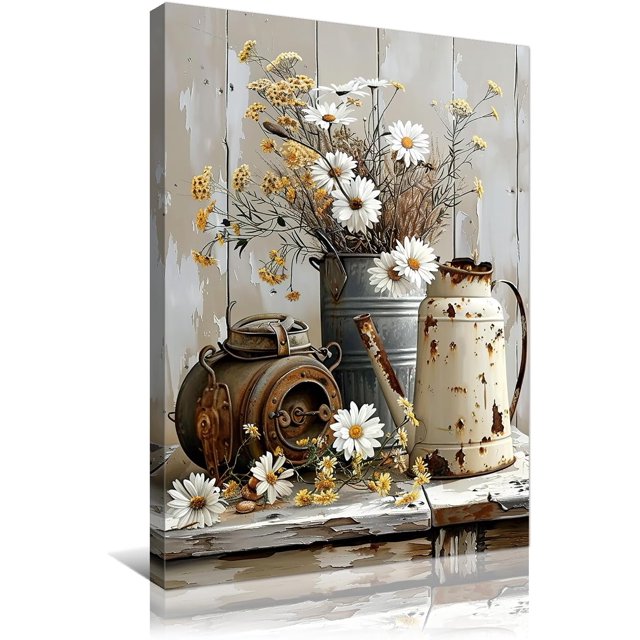 AVOI Vintage Flower Canvas Wall Art Rustic Creamy Yellow Wood Grain