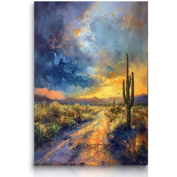 AVOI Vintage Impressionism Oil Painting,Rustic Rainy Day Tropical Plant Wall Art,Abstract Cactus Wall Decor Art,Calming Painting Poster,Neutral Field Print Contemporary Pier Artwork Unframe: 8x10in