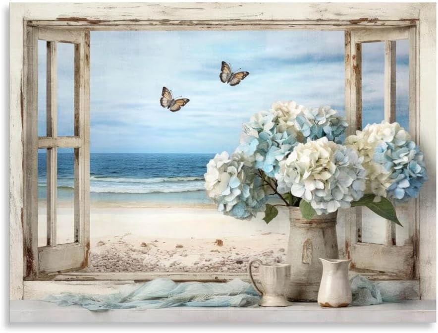 Window Canvas AVOI Vintage Ocean View Window Canvas Wall Art, High-Resolution Print ...