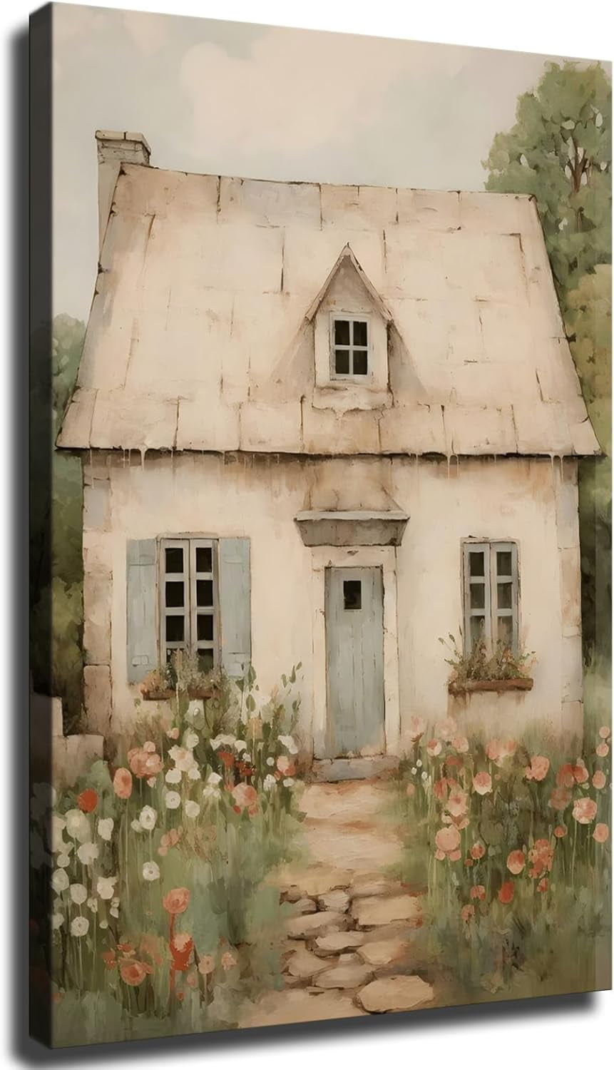 AVOI Vintage Stone House Canvas Print, Stone House Cottage Painting