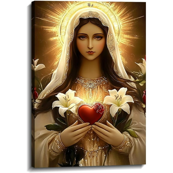 AVOI Virgin Mary Canvas Wall Art Christian Wall Decor Immaculate Heart of Mary Picture Religious Painting Faith Prints Living Room Bedroom Office Decor(Art-5) Unframe: 12x18in