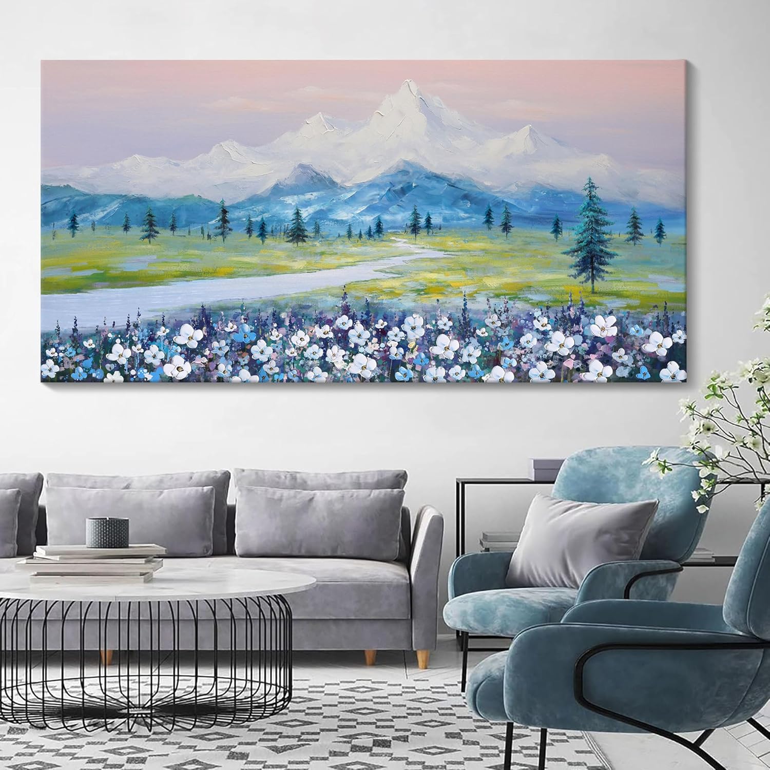AVOI Wall Art for Living Room Large Blue Mountain Landscape Flower