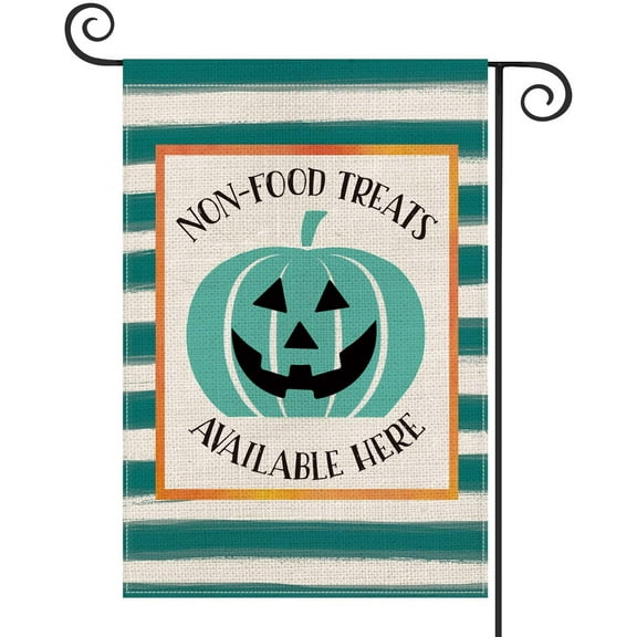 AVOIN Halloween Garden Flag Watercolor Stripes Teal Jack-O'-Lantern Vertical Double Sided, Non-Food Treats Available Here Yard Outdoor Decoration 12.5 x 18 Inch