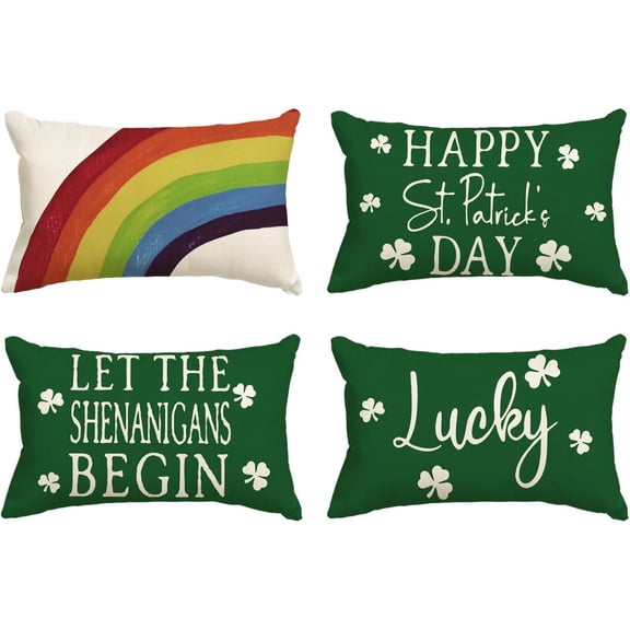 AVOIN Happy St Patricks Day Saying Shamrock Throw Pillow Cover, 12 x 20 Inch Watercolor Rainbow Lucky Clover Cushion Case for Sofa Couch Set of 4