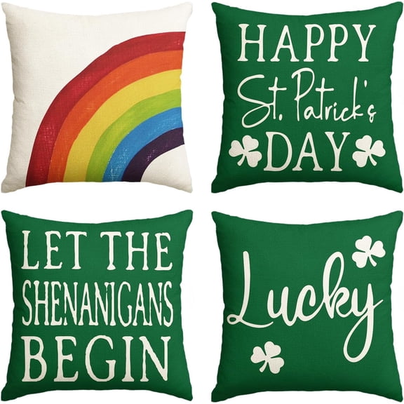 AVOIN Happy St Patricks Day Saying Shamrock Throw Pillow Cover, 16 x 16 Inch Watercolor Rainbow Lucky Clover Cushion Case for Sofa Couch Set of 4