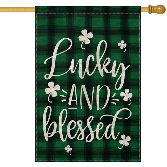 AVOIN Lucky and Blessed Watercolor Buffalo Plaid Shamrock House Flag Vertical Double Sided, St Patrick's Day Yard Outdoor Decoration 28 x 40 Inch