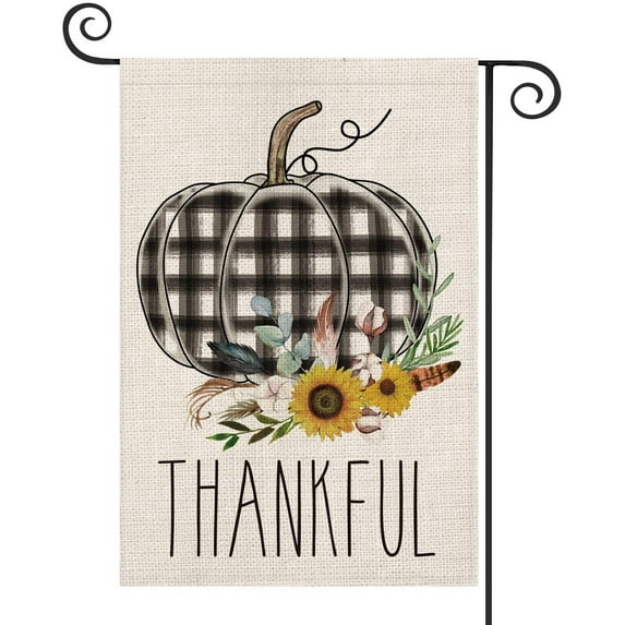 AVOIN Thankful Watercolor Buffalo Plaid Pumpkin Garden Flag Vertical Double Sized, Fall Thanksgiving Harvest Rustic Yard Outdoor Decoration 12.5 x 18 Inch