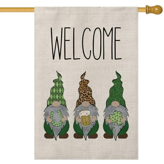 AVOIN Welcome Gnome St Patrick's Day House Flag Vertical Double Sided, Shamrock Leopard Yard Outdoor Decoration 28 x 40 Inch